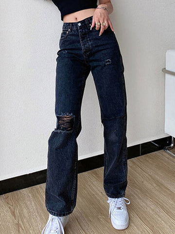 Airchics longue jeans déchiré troué larges jambes évasé boutons avec poches mi taille femme mode